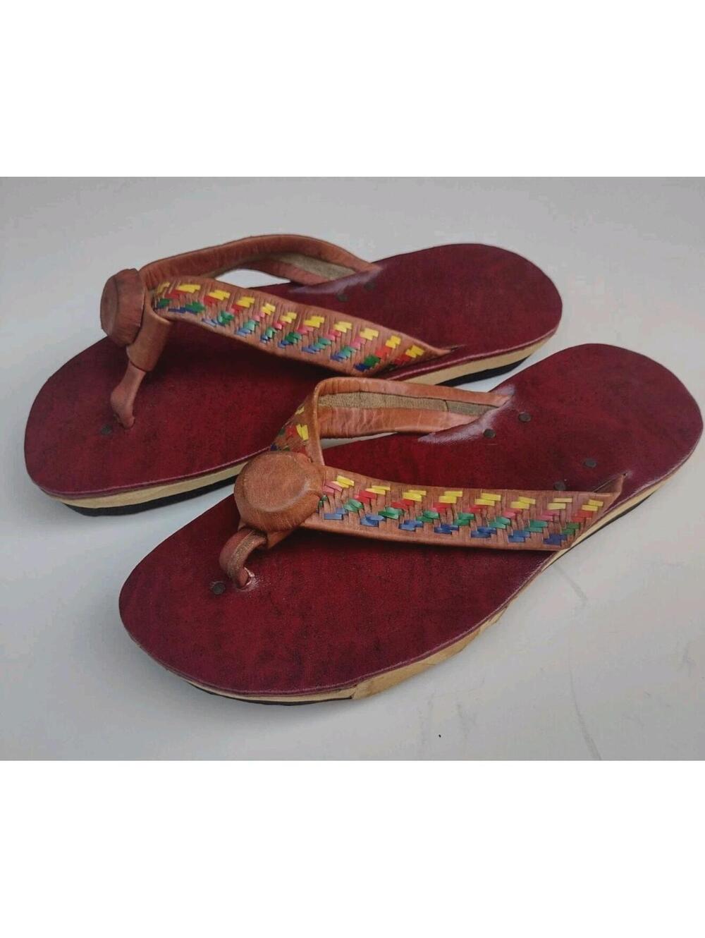 VTG 70s Handmade Indian Leather Sandals Boho Festival Woven Artisan Flip Flops 9
